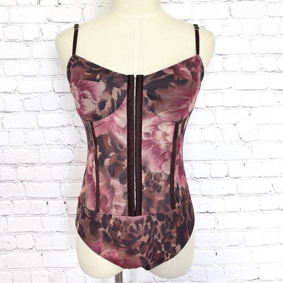 FREE PEOPLE Brown Night Rhythm Printed Corset-Style Floral Bodysuit--NWT--L - Picture 2 of 16